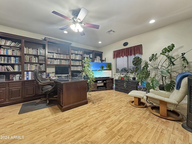 office area featuring ceiling fan and light wood-type flooring