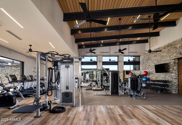 exercise room featuring wood-type flooring, high vaulted ceiling, and wooden ceiling