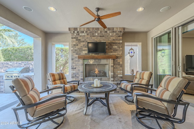 interior space featuring a brick fireplace and a grill