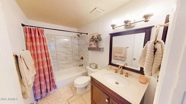 full bathroom featuring visible vents, toilet, shower / bath combo, vanity, and tile patterned flooring