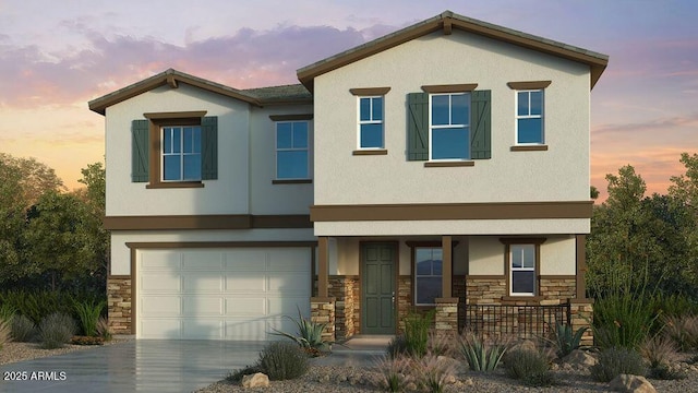 3751 S Tulip, Mesa, AZ 85212 - view of front of property with stone siding, driveway, covered porch, stucco siding, and an attached garage