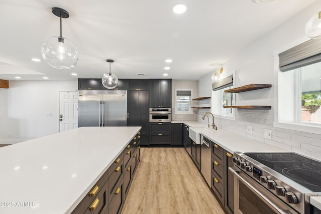 kitchen featuring a sink, high quality appliances, light countertops, backsplash, and open shelves