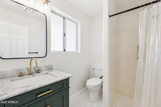 bathroom featuring a stall shower, visible vents, toilet, tile patterned floors, and vanity