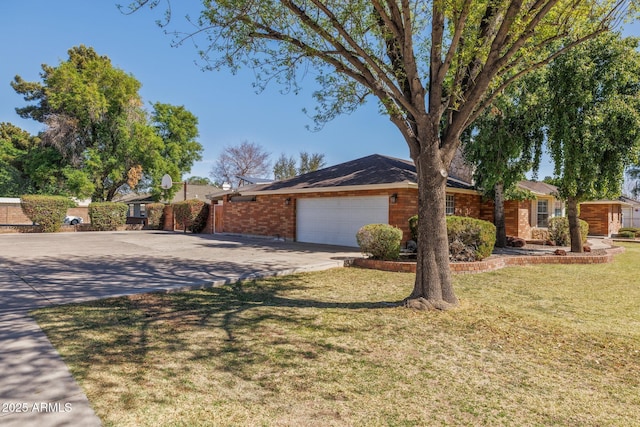 ranch-style house with a garage, a front lawn, concrete driveway, and brick siding