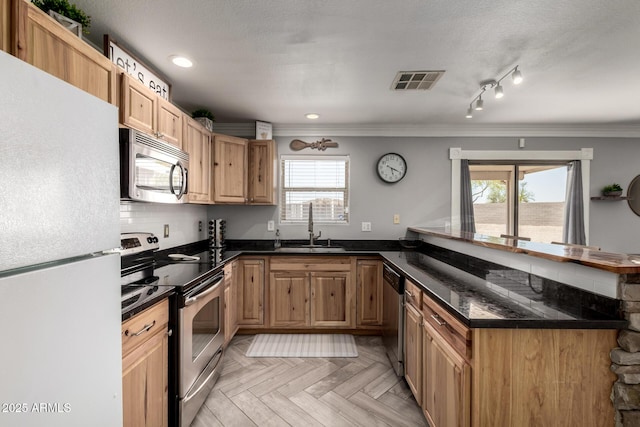23332 N Serenity Trl, Florence, AZ 85132 - kitchen featuring stainless steel appliances, dark countertops, a peninsula, ornamental molding, and plenty of natural light
