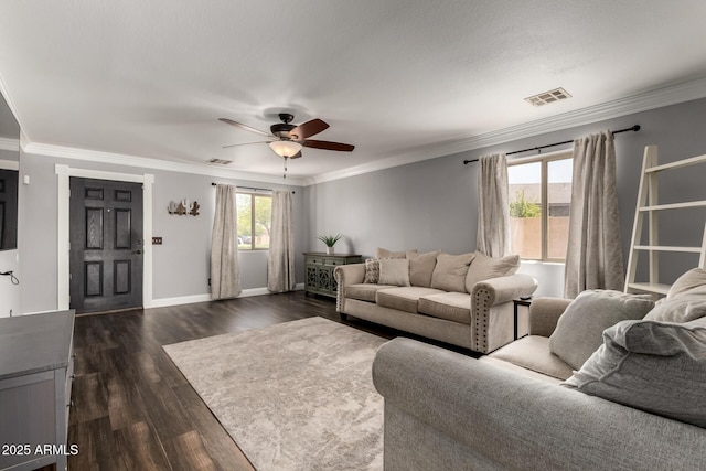 23332 N Serenity Trl, Florence, AZ 85132 - living room with a ceiling fan, dark wood finished floors, and ornamental molding