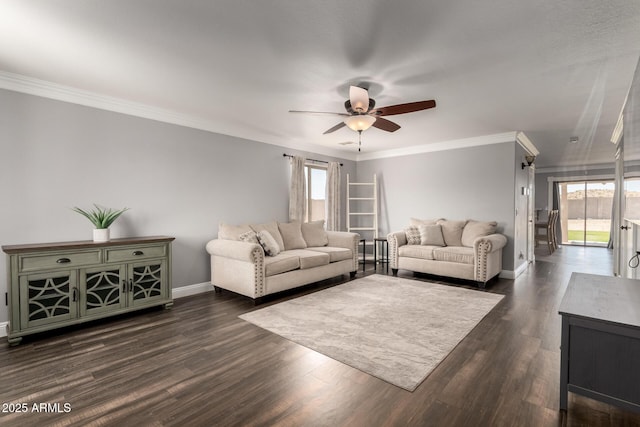 23332 N Serenity Trl, Florence, AZ 85132 - living room with a ceiling fan, dark wood-style floors, and crown molding