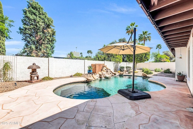 view of pool with a patio area, a fenced backyard, and a fenced in pool