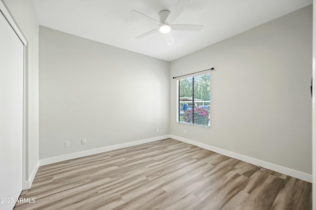 unfurnished bedroom featuring a closet, ceiling fan, and light hardwood / wood-style flooring