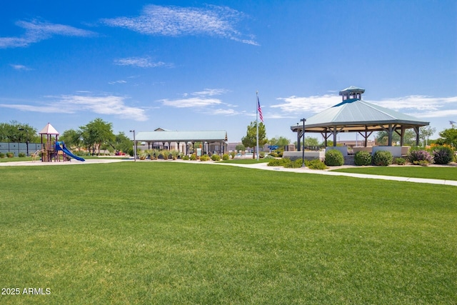 community playground with a gazebo and a lawn