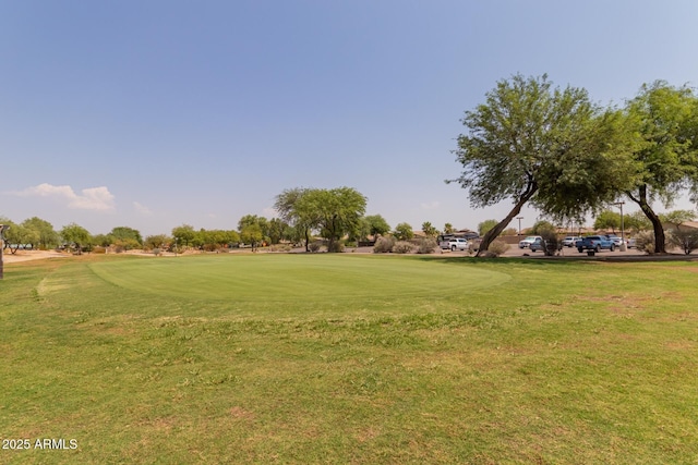 view of community with golf course view and a lawn