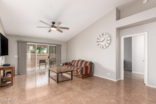 living room featuring ceiling fan, light tile patterned flooring, and high vaulted ceiling