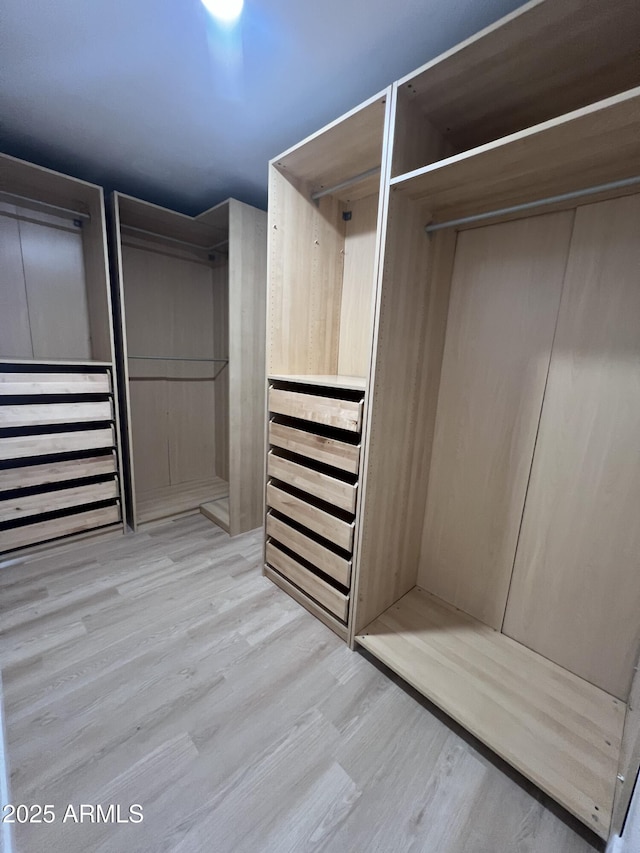 walk in closet with light hardwood / wood-style floors