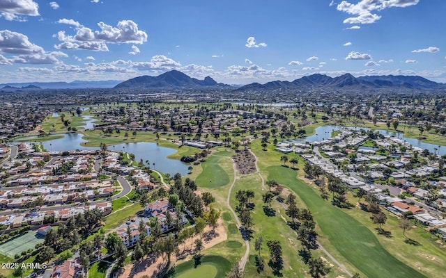 birds eye view of property with a residential view, golf course view, and a water and mountain view