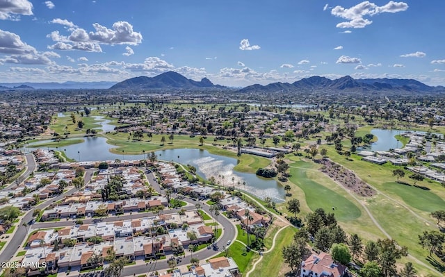 bird's eye view featuring a residential view, a water and mountain view, and golf course view