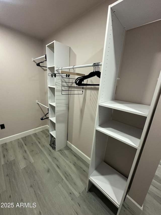 walk in closet with wood finished floors