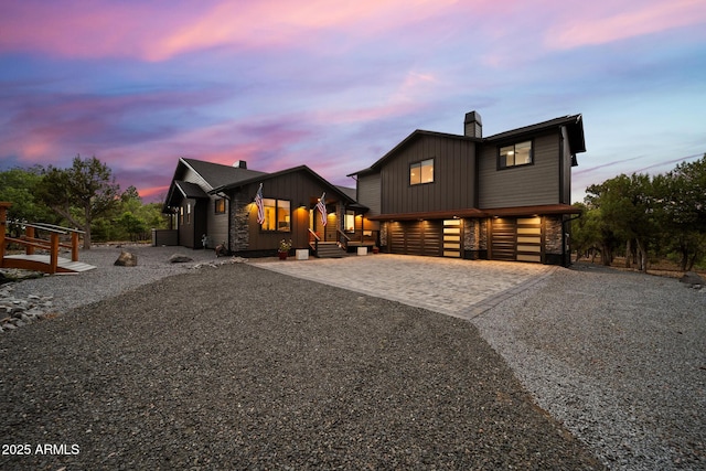 1500 W Pinetree Ct, Show Low, AZ 85901 - chalet / cabin with driveway, an attached garage, a chimney, and board and batten siding