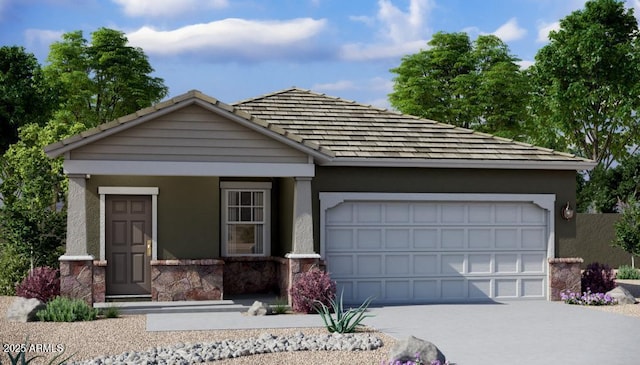 ranch-style home featuring stucco siding, an attached garage, and concrete driveway