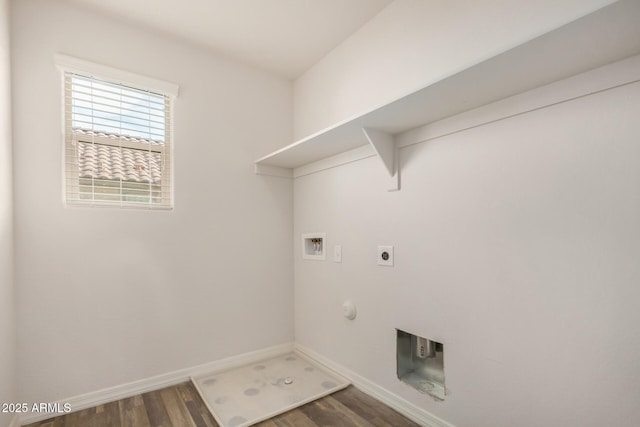 laundry area with baseboards, washer hookup, laundry area, hookup for an electric dryer, and wood finished floors