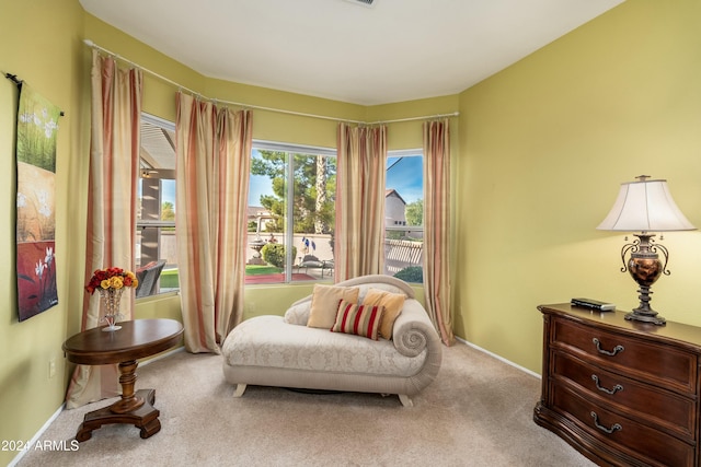 living area featuring light colored carpet