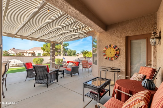 view of patio with an outdoor living space and a pergola