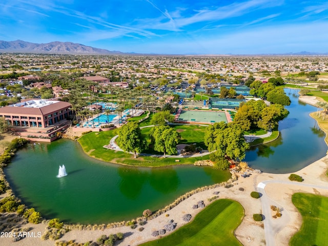 bird's eye view featuring a water and mountain view