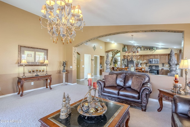 living room featuring light colored carpet and lofted ceiling