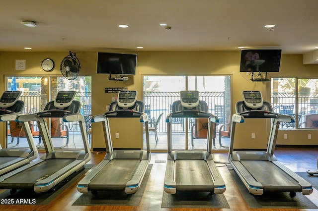 gym featuring hardwood / wood-style floors