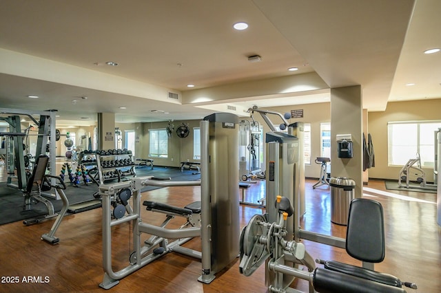 workout area featuring wood-type flooring