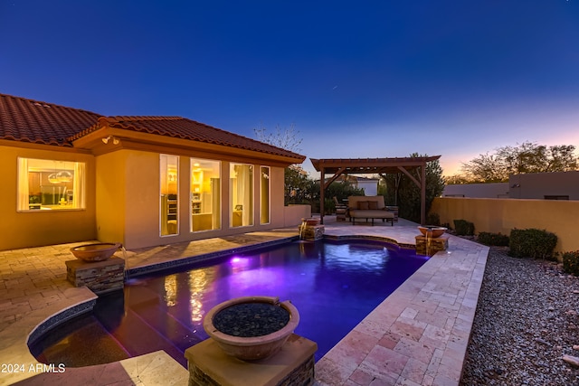 pool at dusk featuring a pergola, an outdoor living space, and a patio