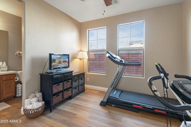 exercise area featuring ceiling fan and light hardwood / wood-style flooring