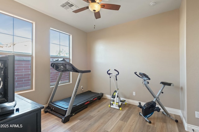 exercise area with light hardwood / wood-style floors and ceiling fan