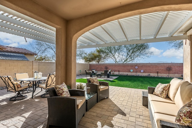 view of patio / terrace featuring outdoor lounge area and a pergola