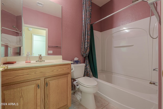 full bathroom with visible vents, toilet, shower / bathtub combination with curtain, tile patterned flooring, and vanity