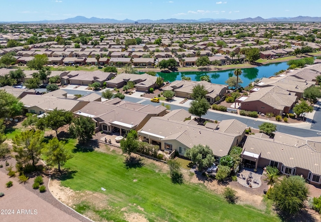 drone / aerial view featuring a mountain view and a residential view