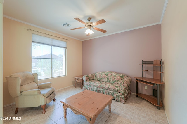 living area with light tile patterned floors, visible vents, and crown molding