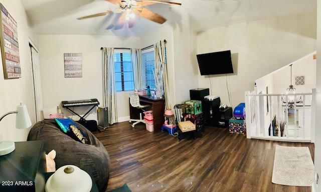 interior space with wood finished floors, visible vents, and ceiling fan