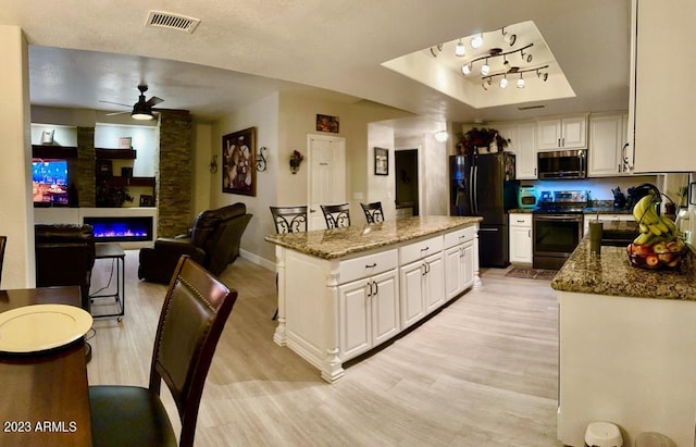 kitchen with visible vents, a ceiling fan, a tray ceiling, appliances with stainless steel finishes, and light wood finished floors