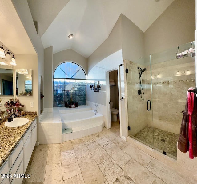 bathroom with vanity, a bath, vaulted ceiling, a shower stall, and toilet