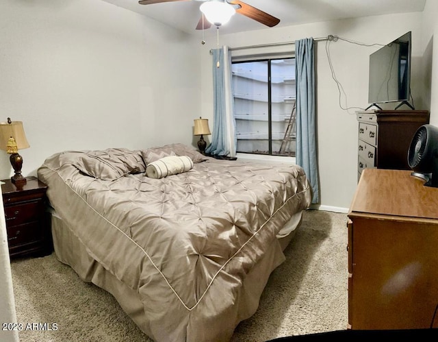 bedroom with speckled floor and ceiling fan