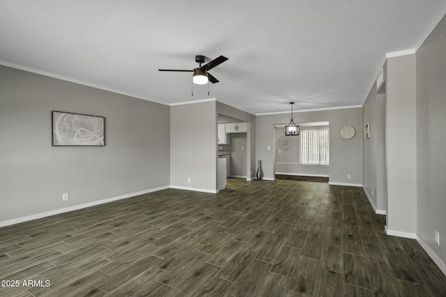 5148 E Edgewood Cir, Mesa, AZ 85206 - unfurnished living room with dark wood-style floors, a ceiling fan, and ornamental molding