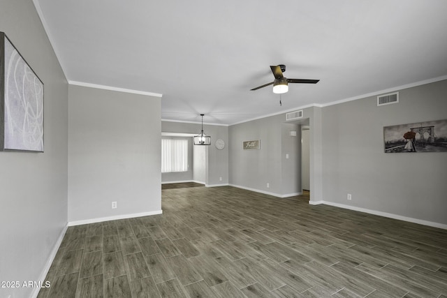 5148 E Edgewood Cir, Mesa, AZ 85206 - unfurnished living room featuring ceiling fan, wood finished floors, ornamental molding, and a chandelier