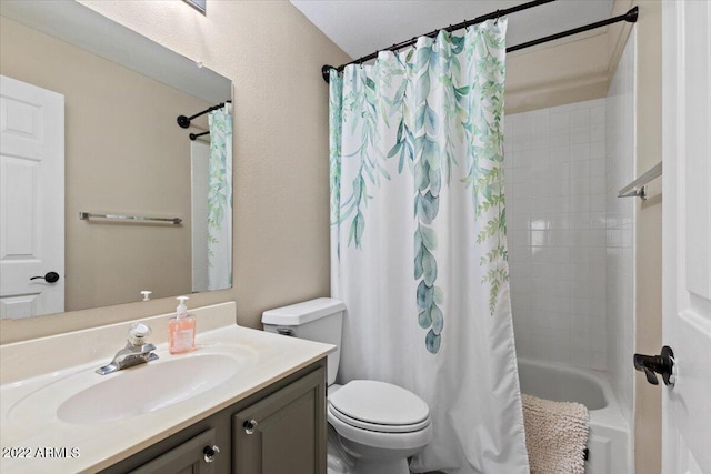 full bathroom with shower / bath combination with curtain, vanity, and toilet