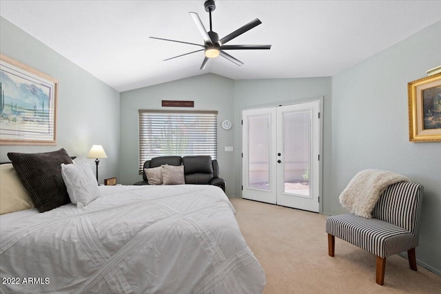 carpeted bedroom featuring lofted ceiling, french doors, access to outside, and ceiling fan