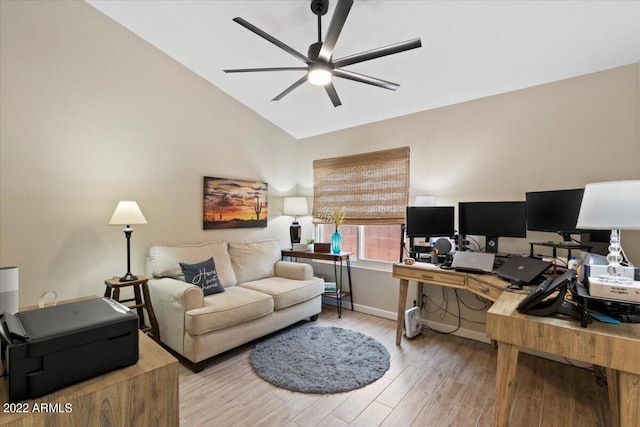 office area featuring wood-type flooring, vaulted ceiling, and ceiling fan