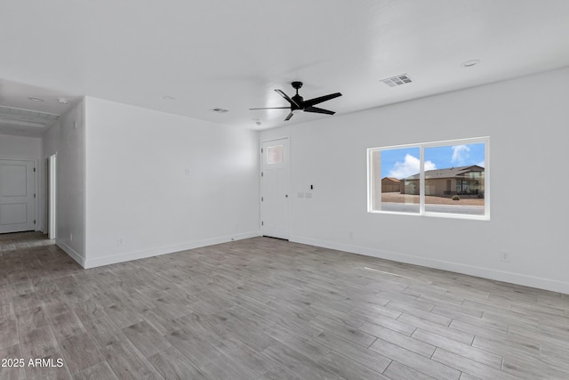 unfurnished room with visible vents, ceiling fan, light wood-style flooring, and baseboards