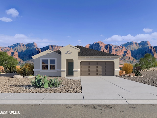 5842 E Axle Ln, San Tan Valley, AZ 85140 - view of front facade featuring an attached garage, a mountain view, driveway, and stucco siding