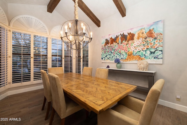 dining room with vaulted ceiling with beams, dark wood finished floors, baseboards, and an inviting chandelier