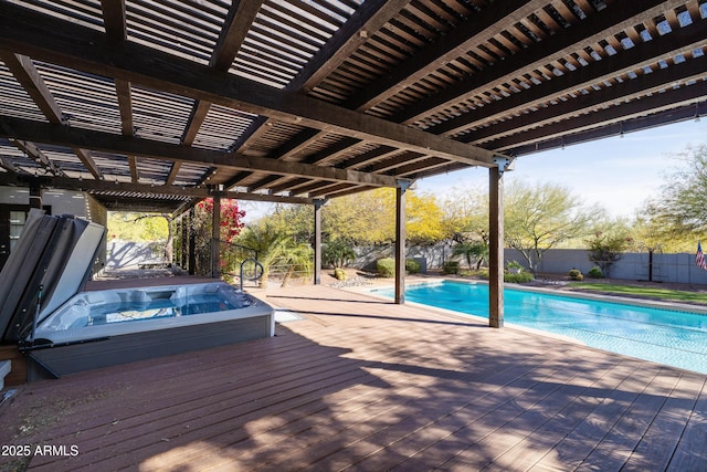 deck featuring a fenced in pool, a fenced backyard, an outdoor hot tub, and a pergola