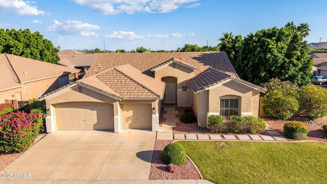 4215 W Hackamore Dr, Phoenix, AZ 85083 - mediterranean / spanish home featuring an attached garage, stucco siding, a tile roof, driveway, and a front yard
